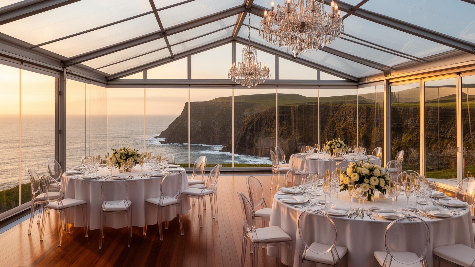 The Raphoe Marquee Hire Clear-Span Vista Suite, a modern aluminium-frame marquee with transparent glass-effect walls revealing dramatic Donegal coastal cliffs at sunset, ghost chairs and crystal chandeliers above hardwood flooring