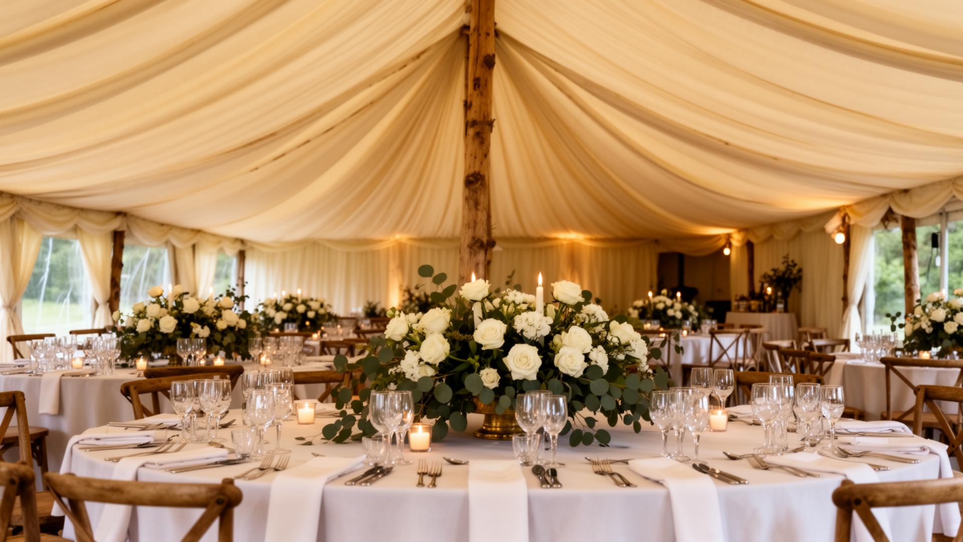 A traditional pole-and-canvas Raphoe Marquee Hire Grand Pavilion marquee interior with pleated ivory linings, soaring wooden king poles and white-rose centrepieces dressed for a luxury wedding reception in Donegal