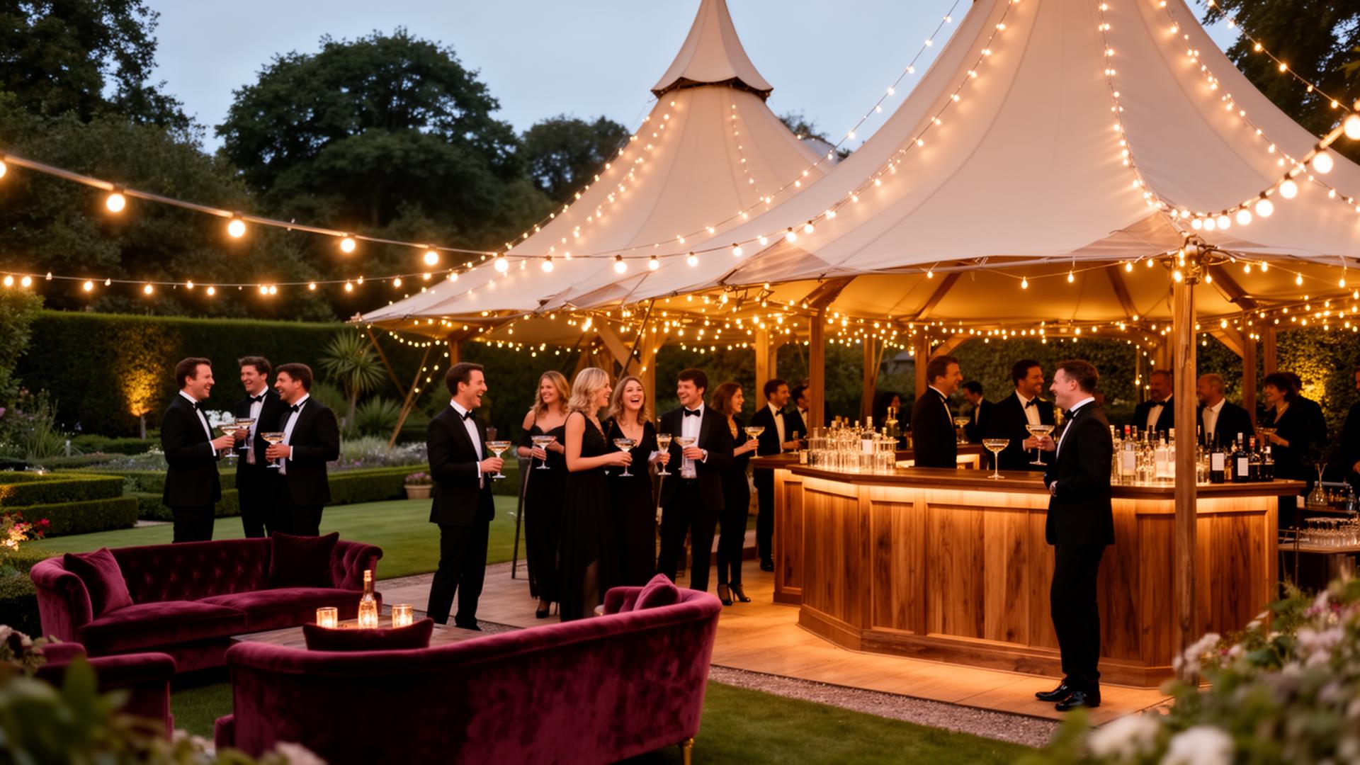 Raphoe Marquee Hire Pagoda Cocktail Lounge, twin high-peaked pagoda tents glowing with festoon lighting in a private garden, guests in black tie holding champagne coupes at a bespoke timber bar