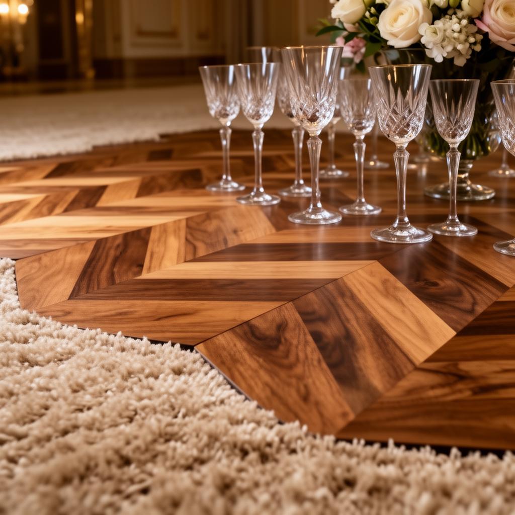 Detail of premium interlinked hardwood marquee flooring with a thick-pile carpet edge and a dressed table with cut-crystal stemware
