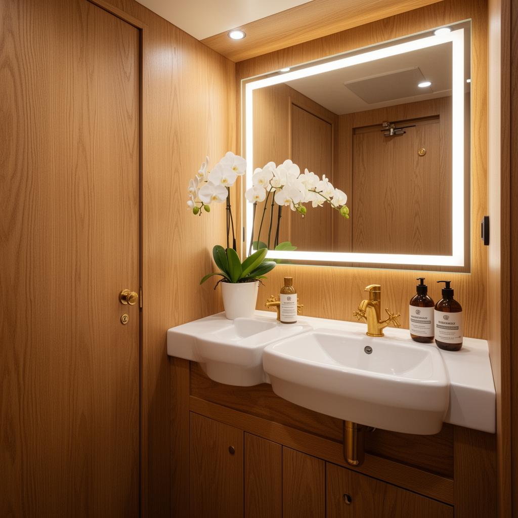 Interior of a luxury self-contained mobile restroom suite featuring oak panelling, white porcelain vanity basins, brass fixtures, an LED-framed mirror and fresh white orchids