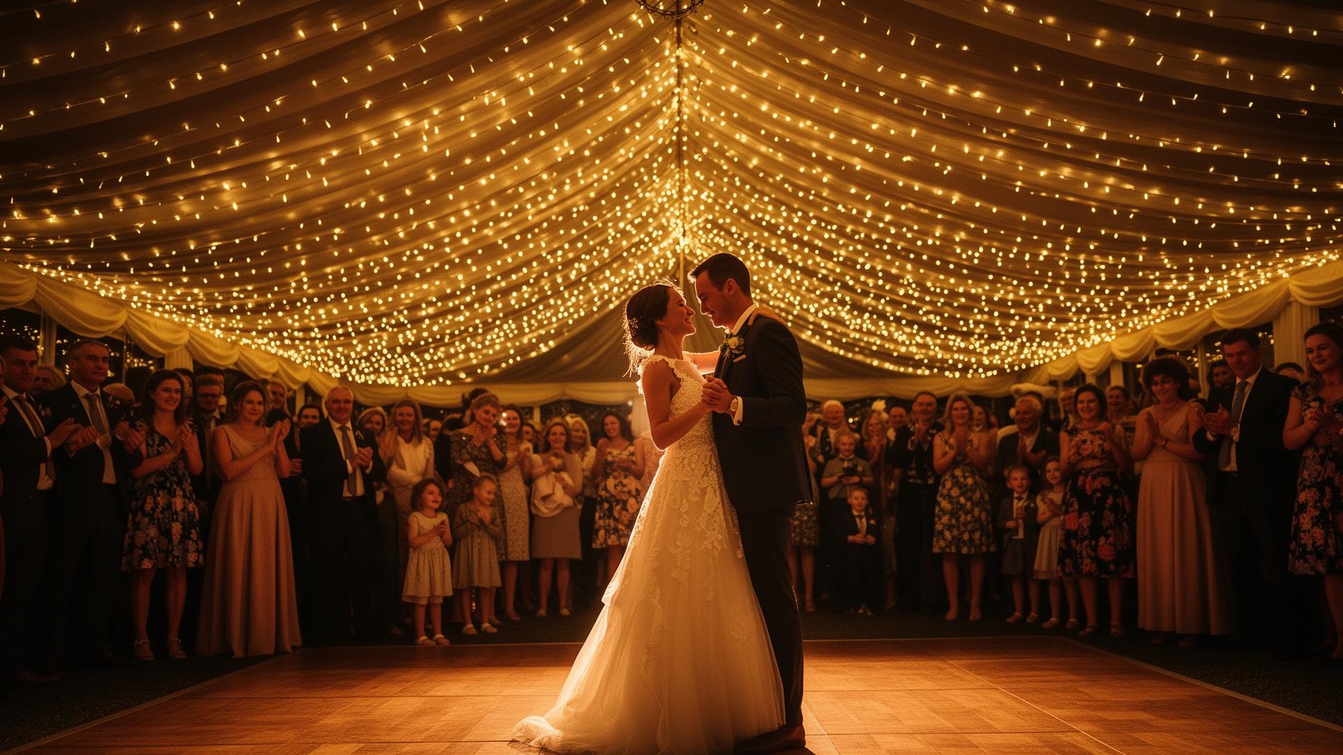 A bride and groom share their first dance beneath a glowing fairy-light starlight ceiling inside a Raphoe Marquee Hire pavilion in Donegal